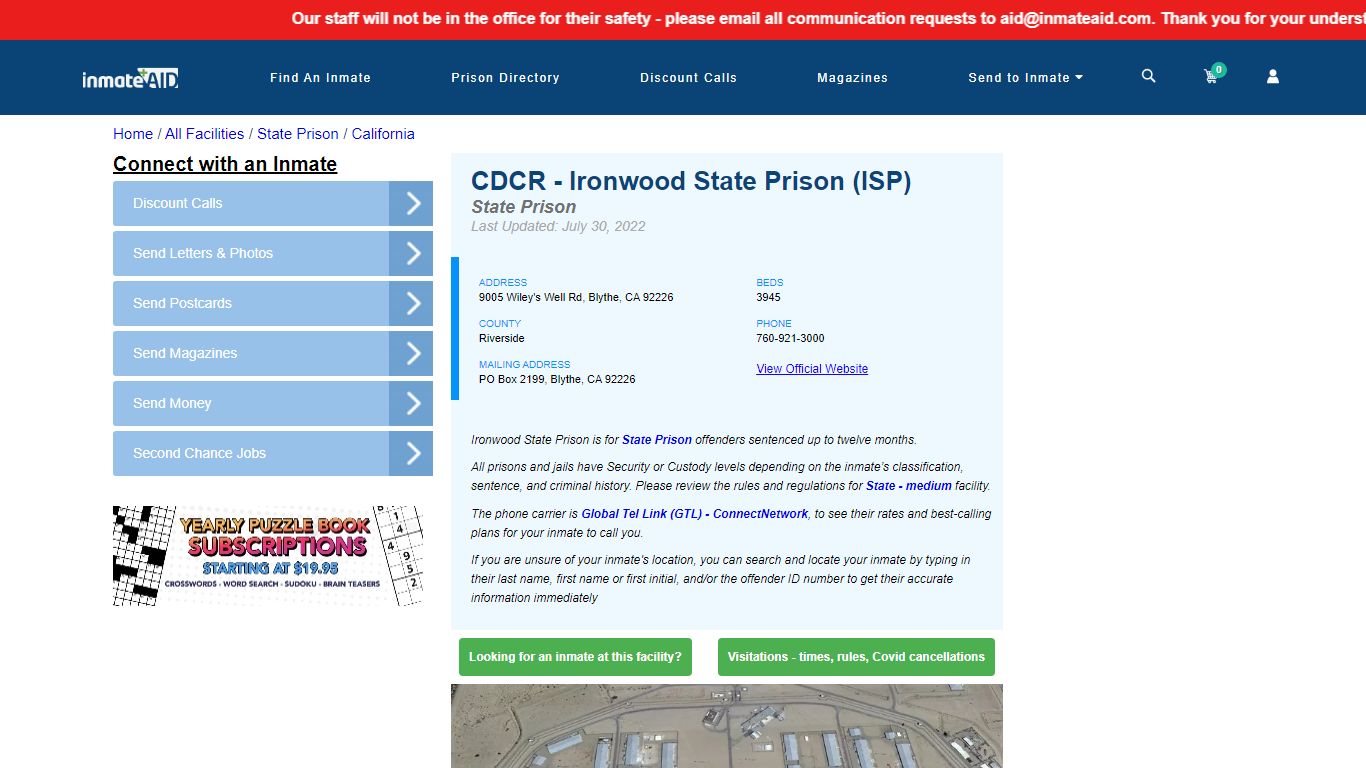 CDCR - Ironwood State Prison (ISP) & Inmate Search ...