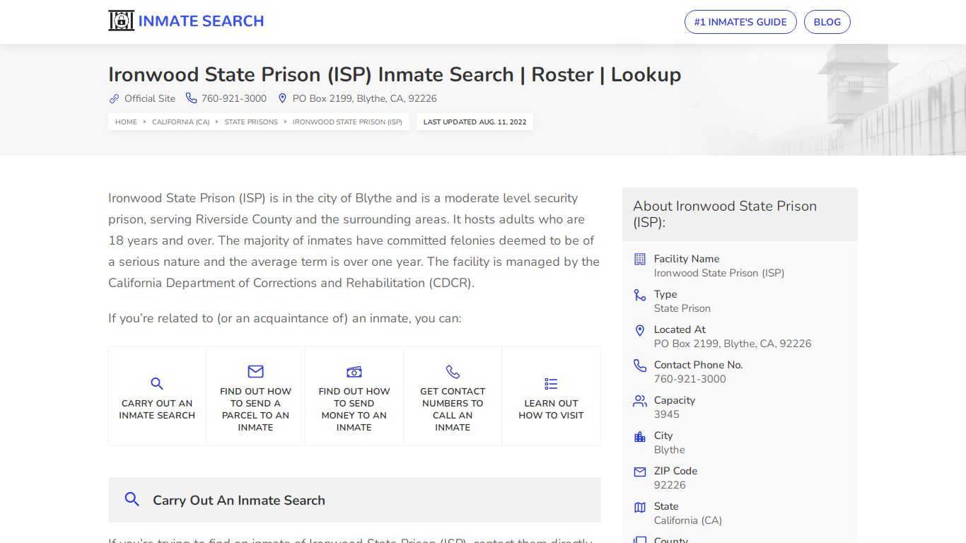 Ironwood State Prison (ISP) Inmate Search | Roster | Lookup