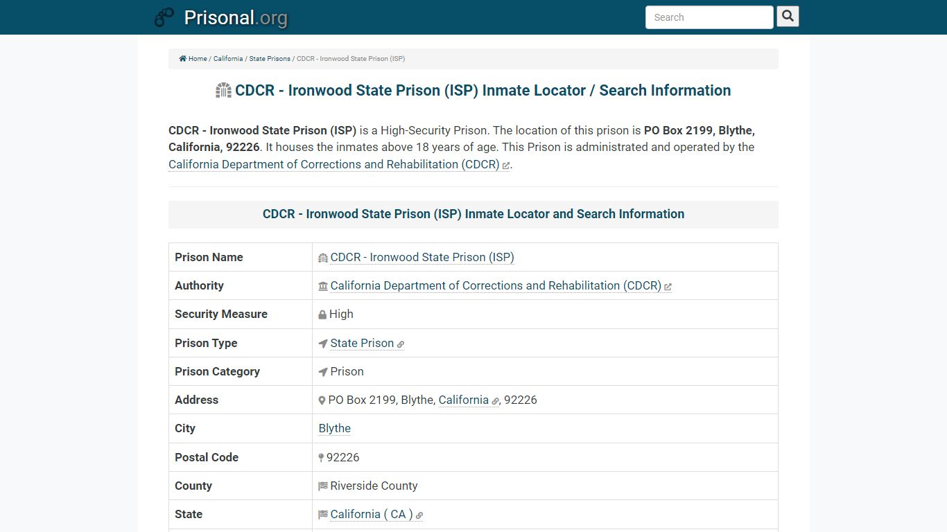 CDCR - Ironwood State Prison (ISP)-Inmate Locator/Search ...