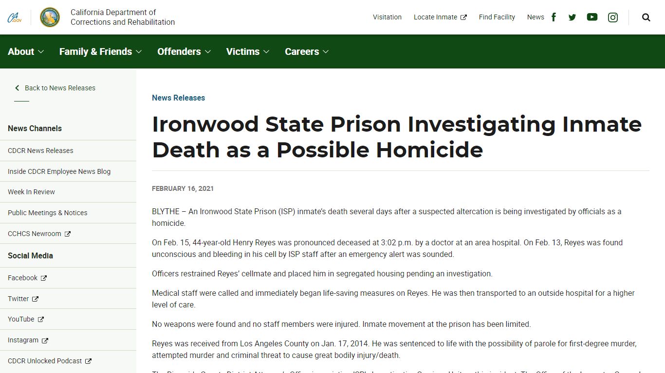 Ironwood State Prison Investigating Inmate Death as a ...